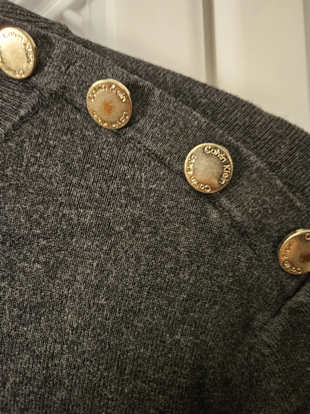 Calvin Klein Dark Gray Mock Neck Sweater with Gold Shoulder Buttons